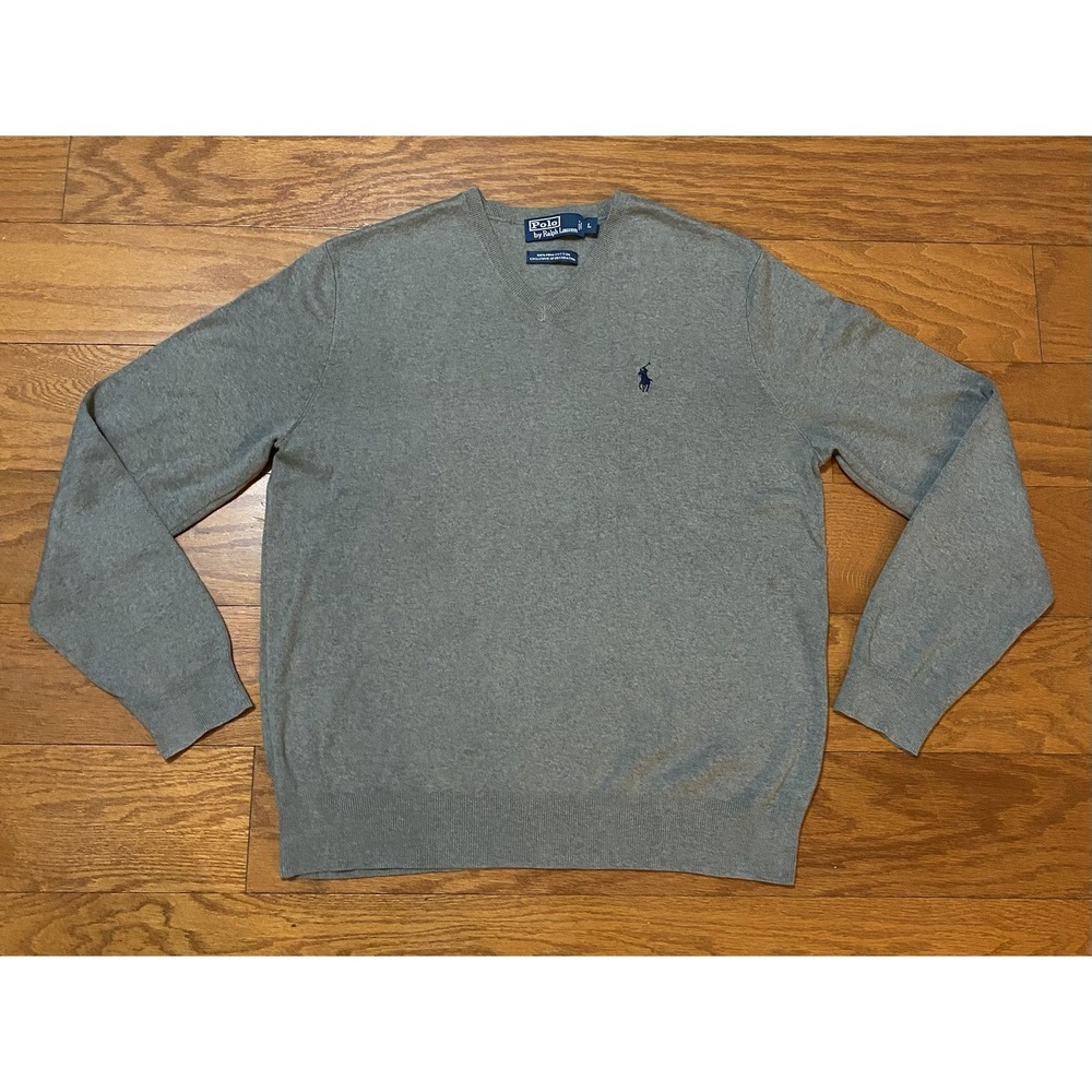 Polo Ralph Lauren Sweater Mens L 100‎ Pima V Neck Gray Blue Pony Vintage Adult